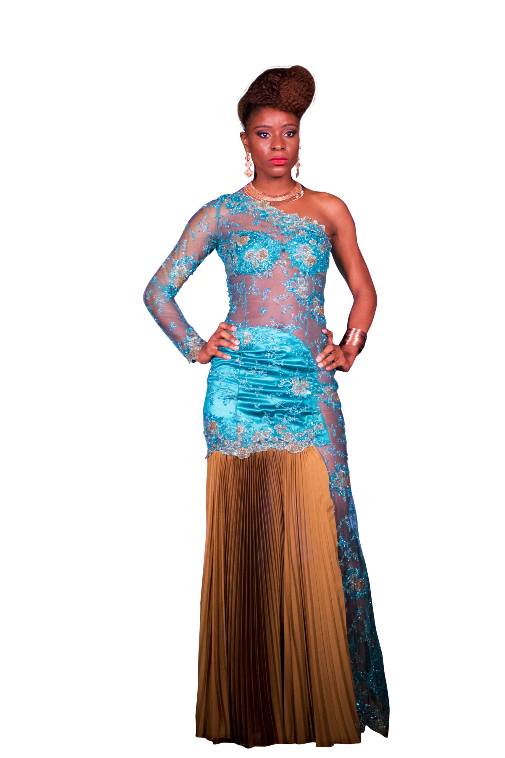 TeKay Designs turquoise evening gown with gold cape