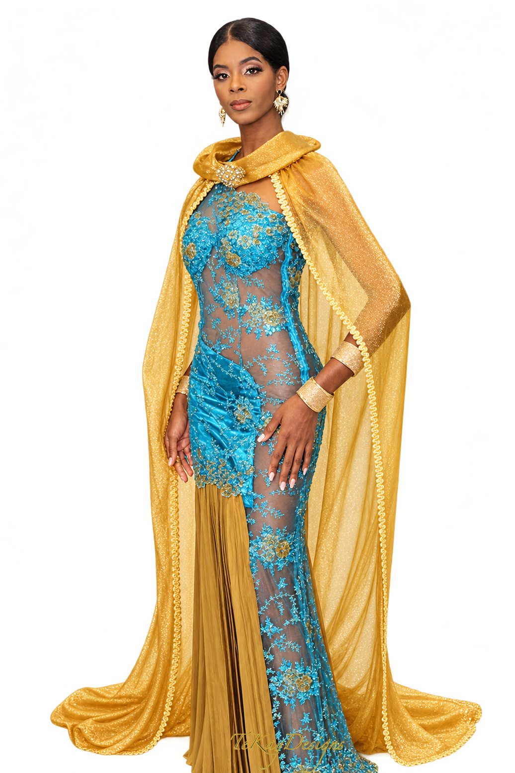 TeKay Designs turquoise evening gown with gold cape