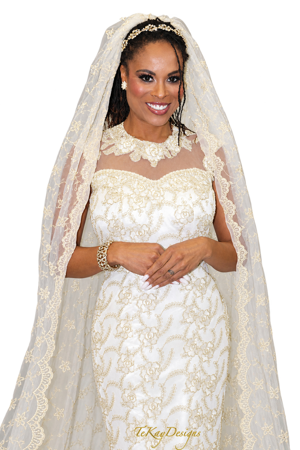 Bridal gown and cathedral veil