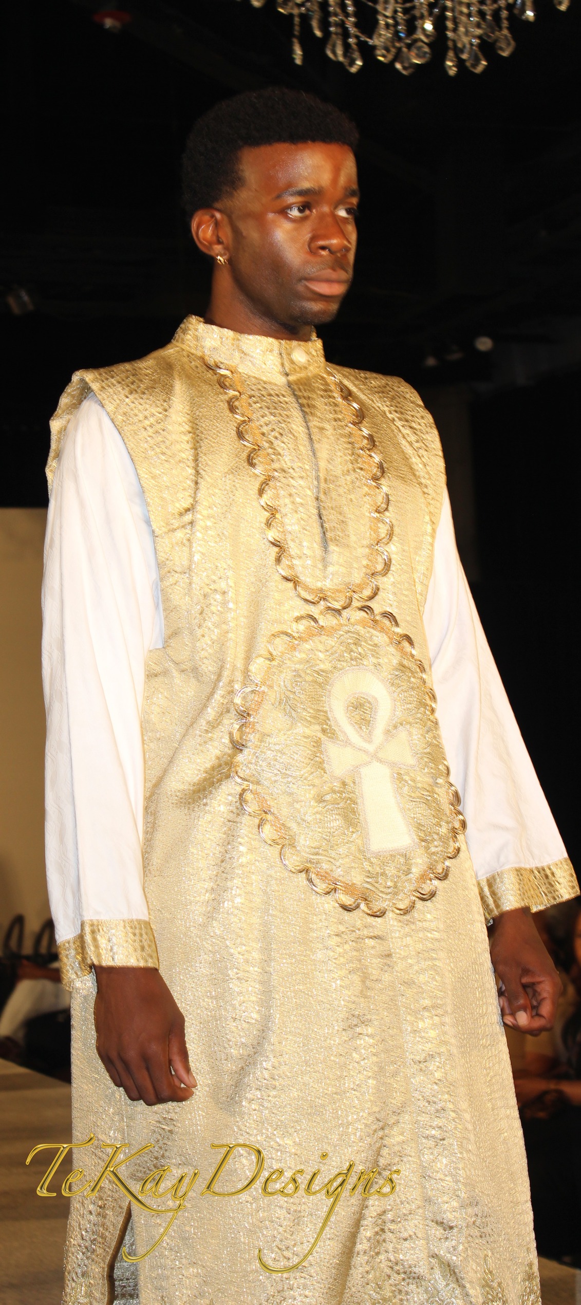 TeKay Designs African man's agbada, shirt and trousers with decorative trim and ankh