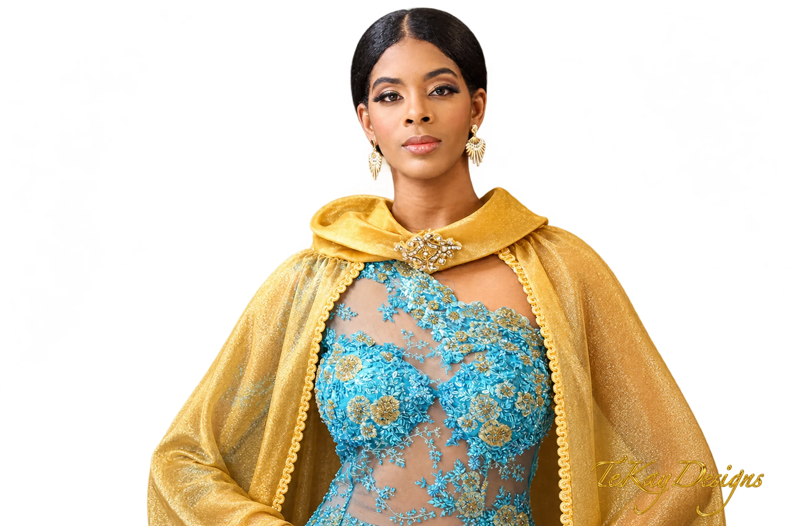 Turquoise & Gold Embroidered Mermaid Gown