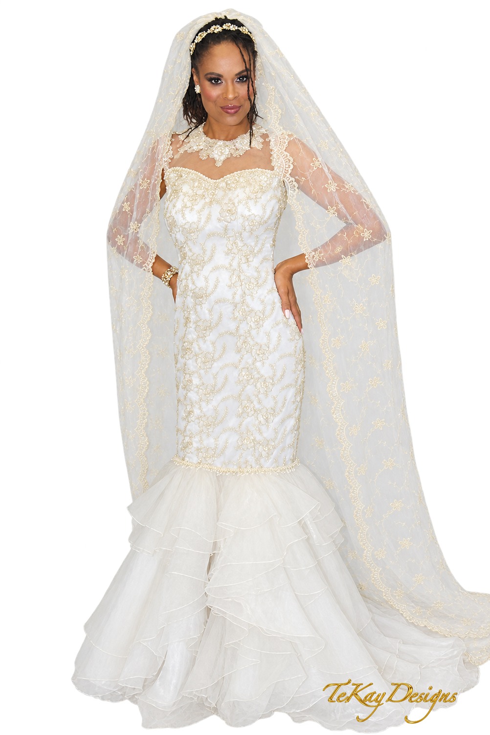 White and Gold Embroidered Mermaid Bridal Gown-front--logo-md